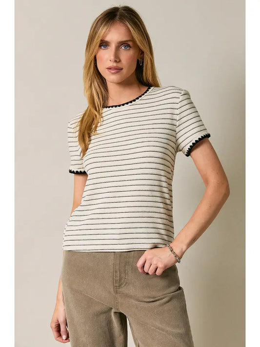 Stitch Detail Stripe Top - Cream