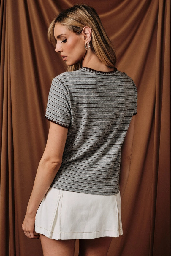 Stitch Detail Stripe Top - Heather Gray