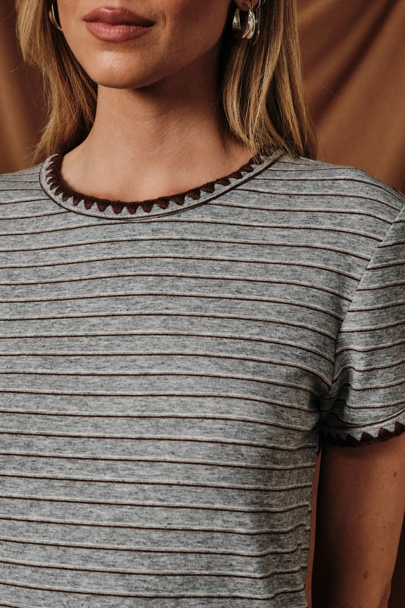 Stitch Detail Stripe Top - Heather Gray