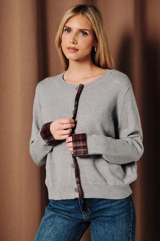 Plaid Sleeve Contrast Cardigan