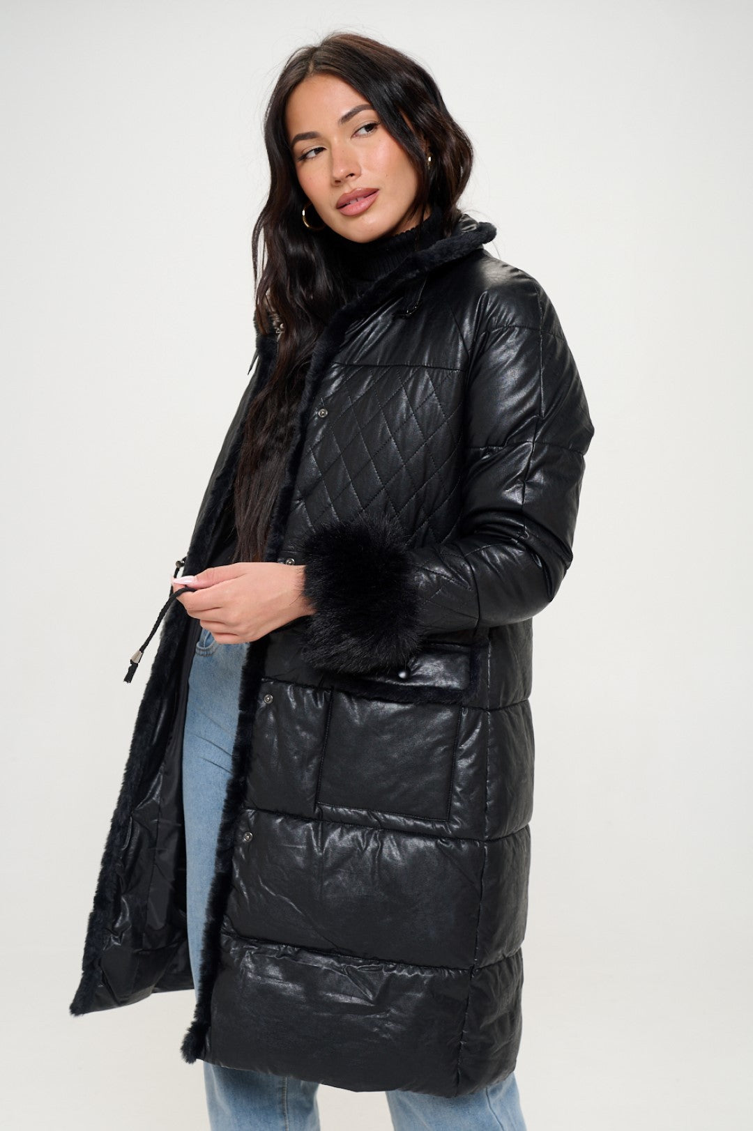 Buckle Collar Puffer Coat - Black