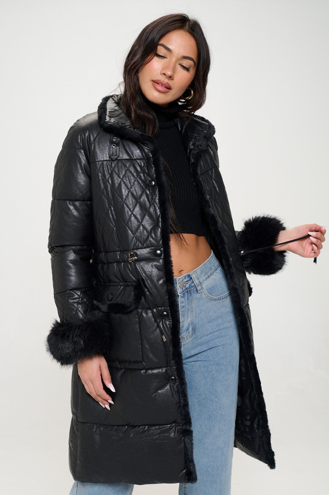 Buckle Collar Puffer Coat - Black