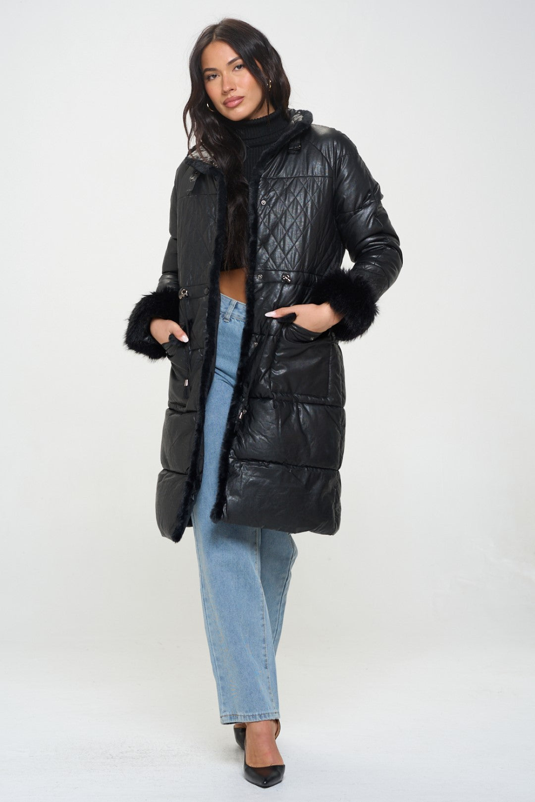 Buckle Collar Puffer Coat - Black