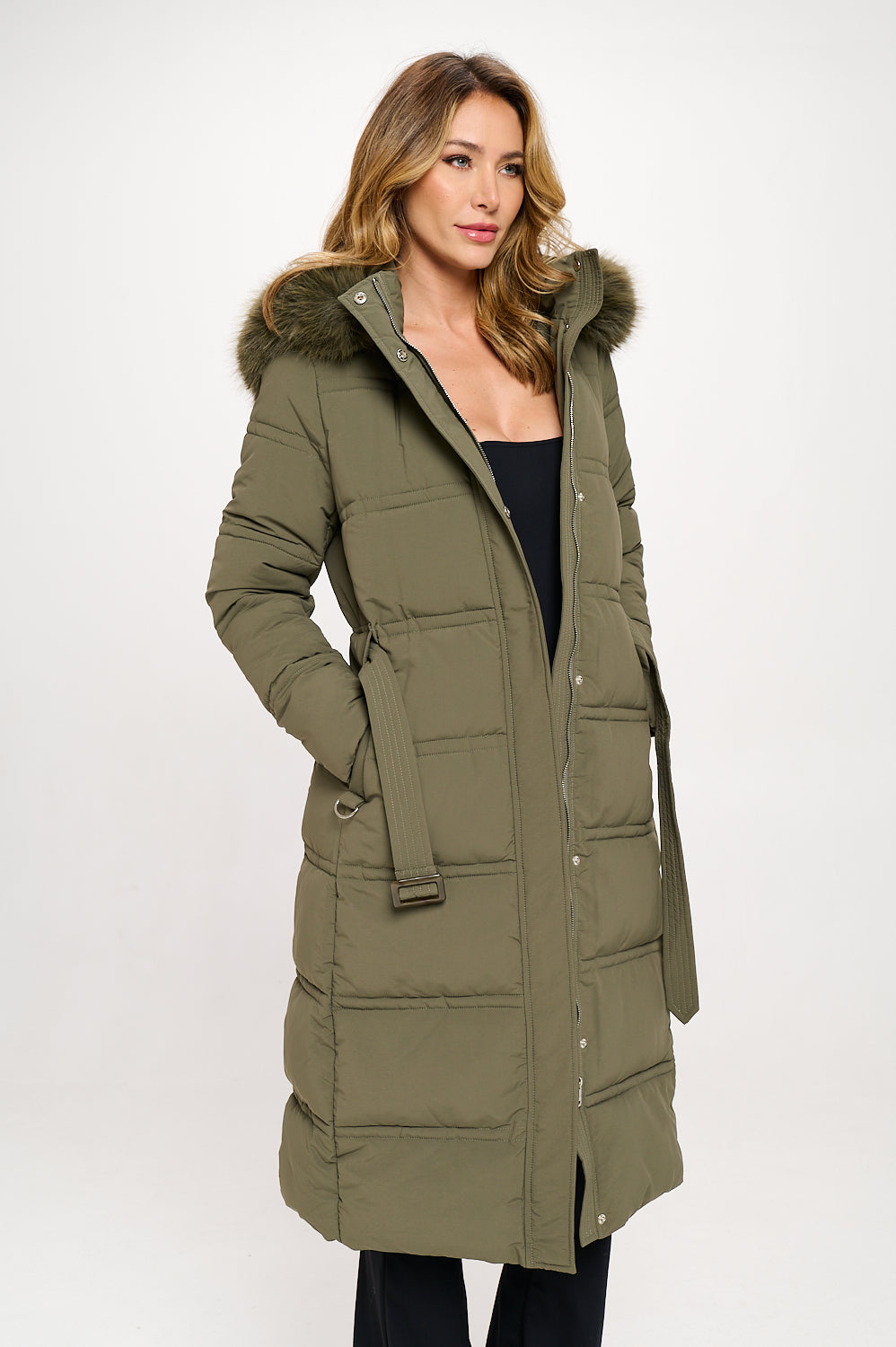 Quilted Hooded Puffer Coat - Olive/Black
