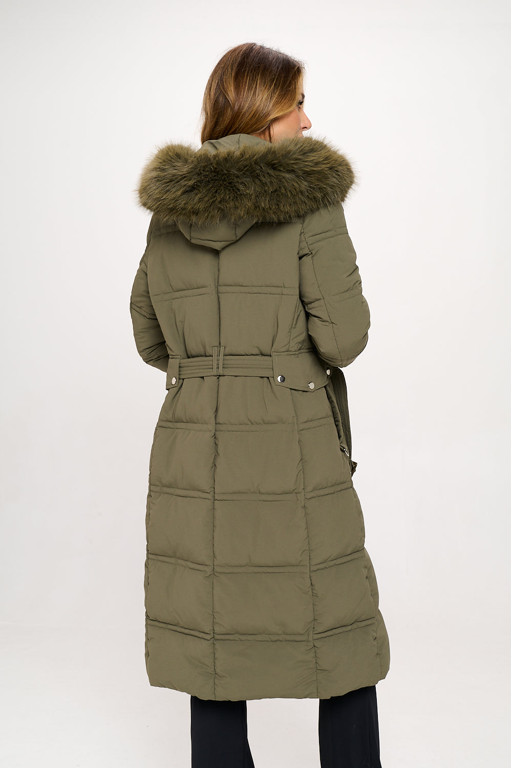 Quilted Hooded Puffer Coat - Olive/Black