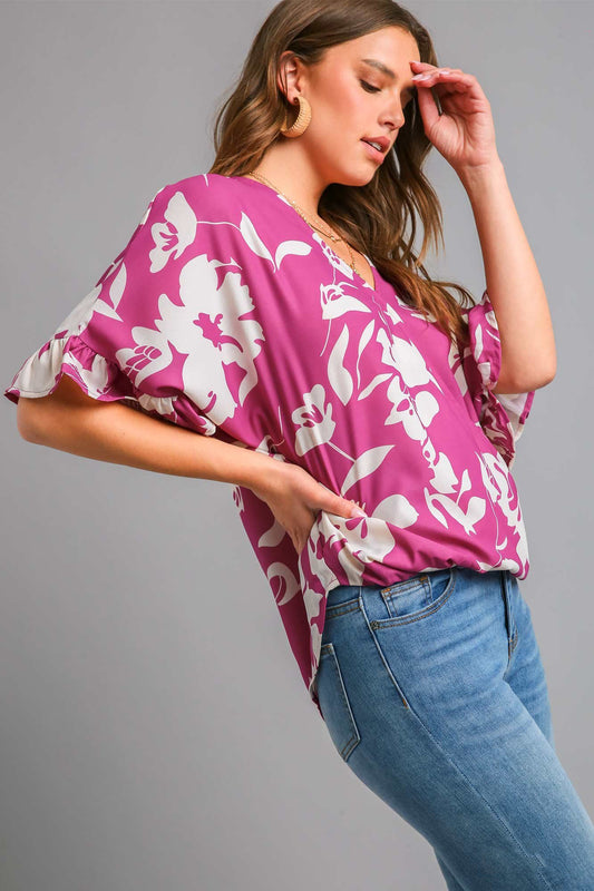 Umgee Plus Size Double Ruffle Sleeve Frayed Hem Tunic Top