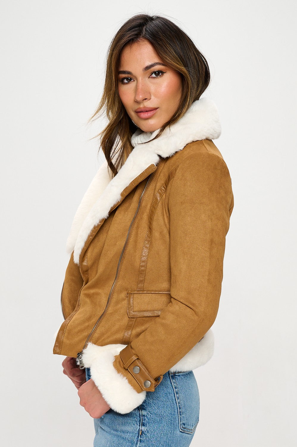 Faux Fur Trim Jacket - Camel
