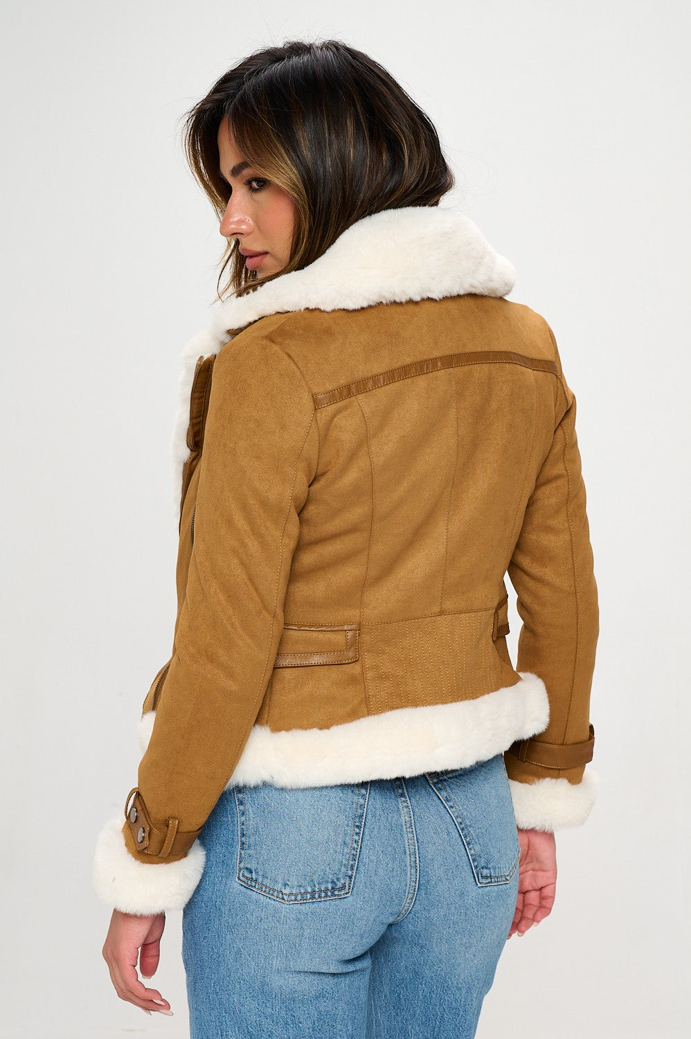 Faux Fur Trim Jacket - Camel