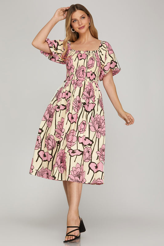 Smocked Puff Sleeve Dress