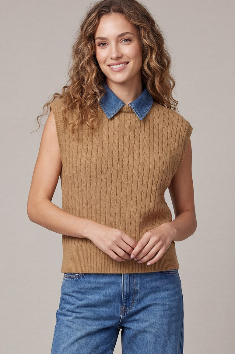 Cable Knit Denim Collar Top
