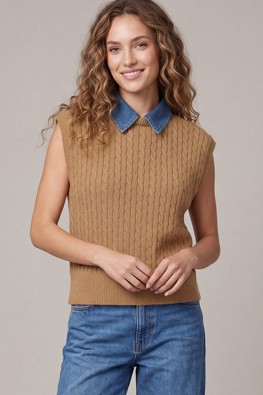 Cable Knit Denim Collar Top