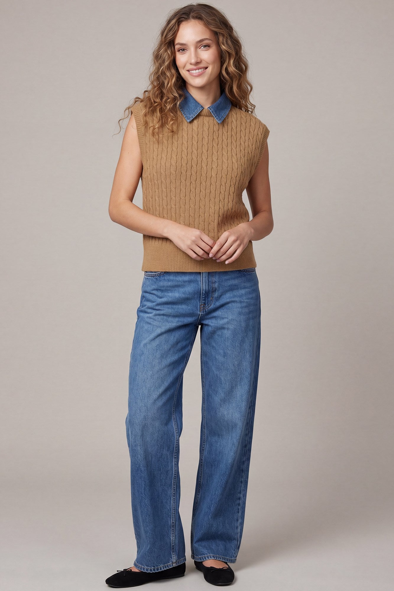 Cable Knit Denim Collar Top