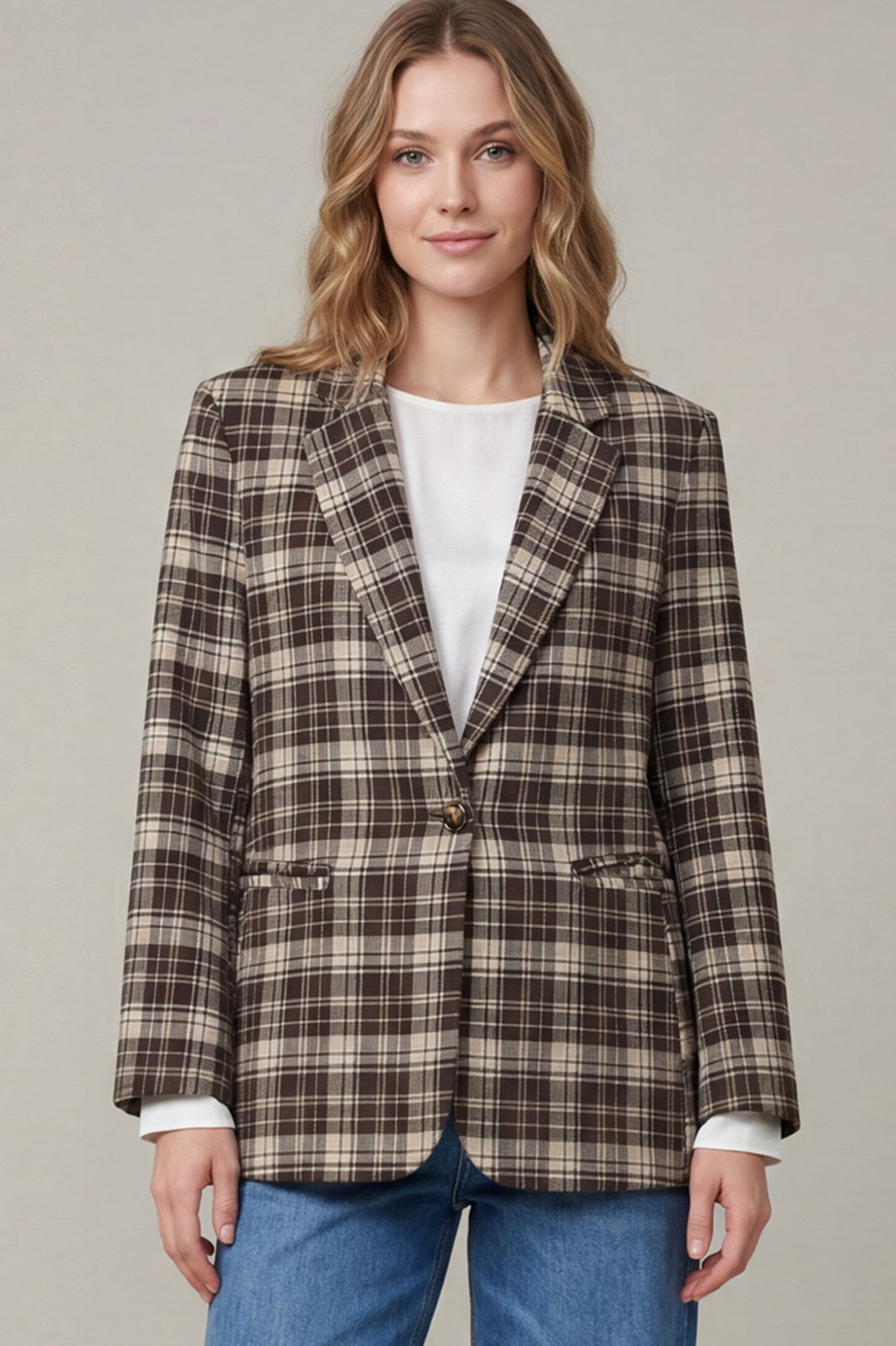 Plaid Single Button Blazer