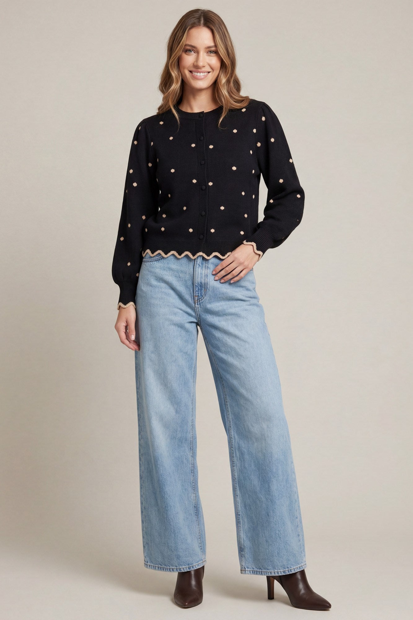 Polka Dot Scallop Hem Cardigan