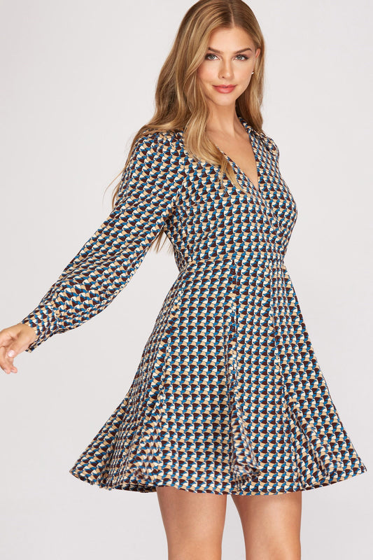 Faux Wrap Geometric Print Dress