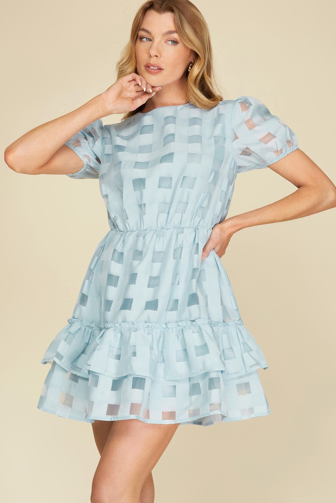 Half Puff Sleeve Checkered Ruffle Dress