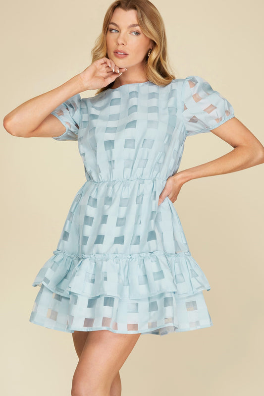 Half Puff Sleeve Checkered Ruffle Dress