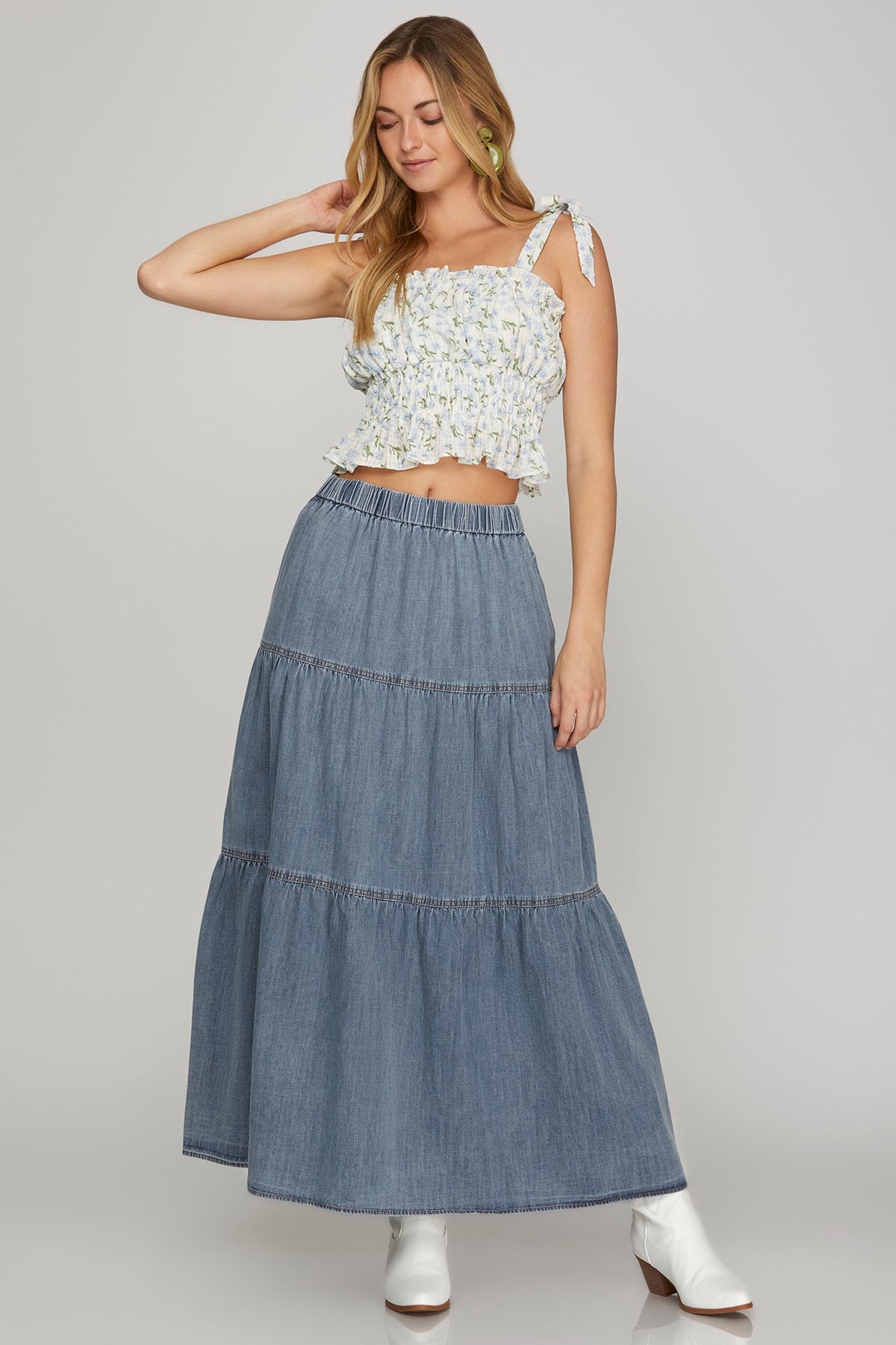 Washed Denim Tiered Skirt