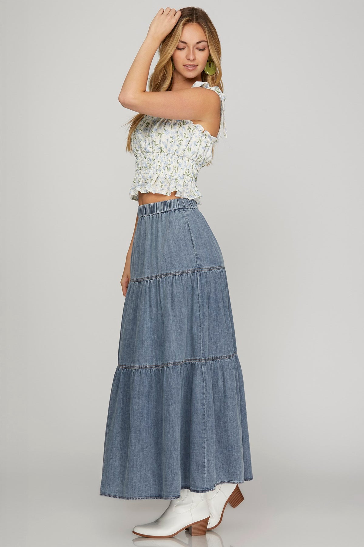 Washed Denim Tiered Skirt