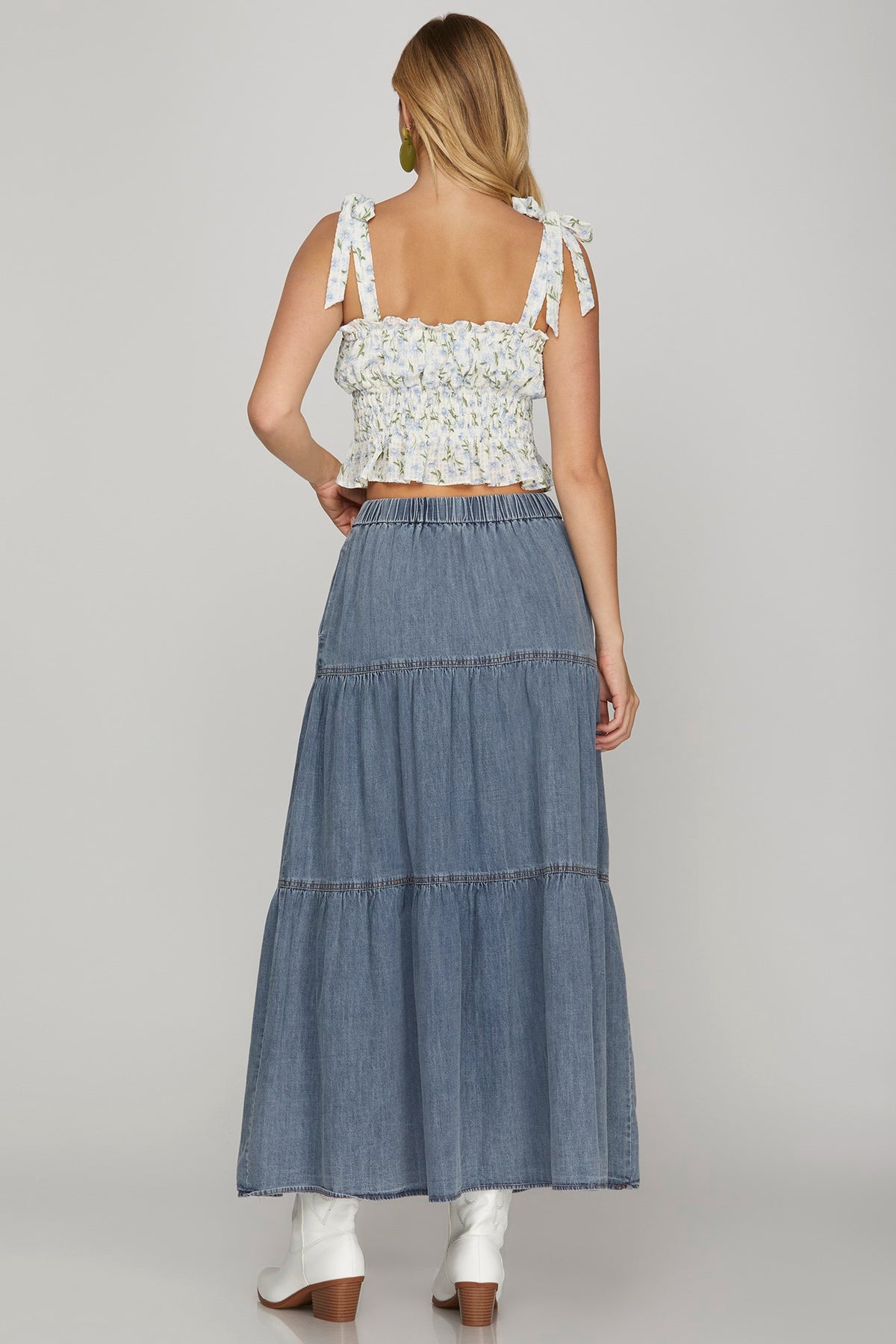 Washed Denim Tiered Skirt