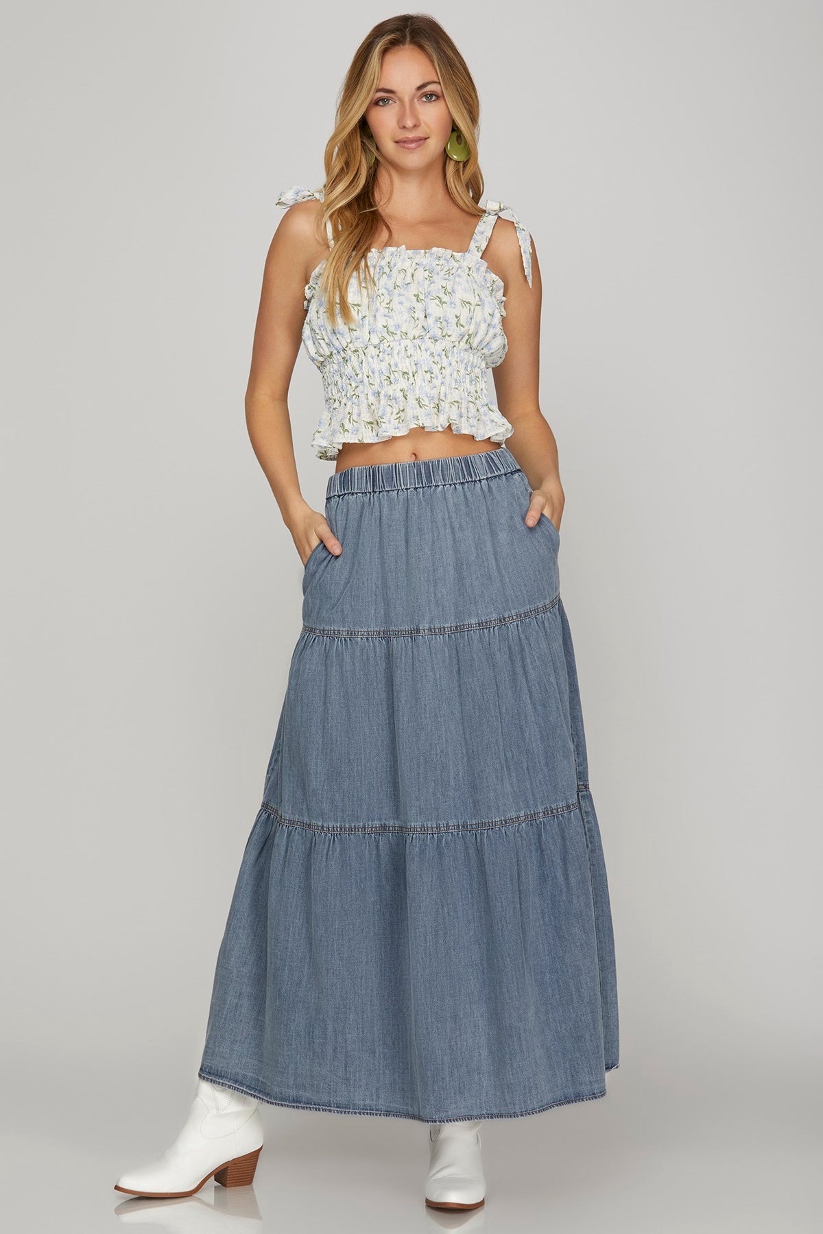 Washed Denim Tiered Skirt
