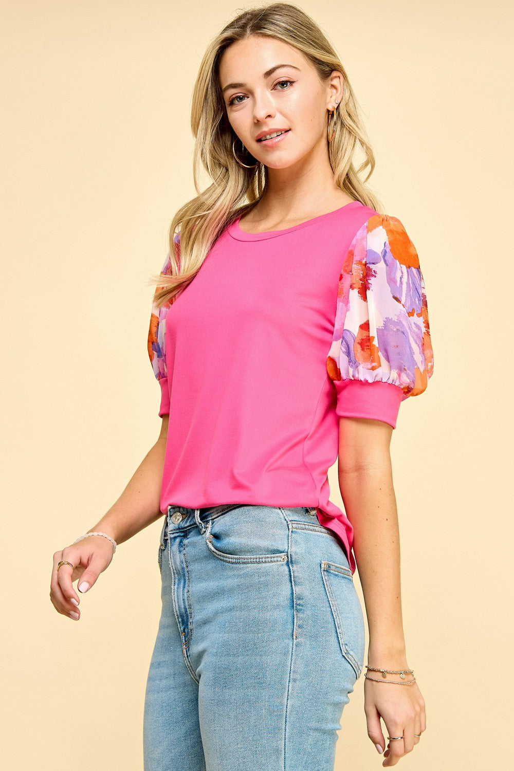 Short Floral Sleeves Fuchsia Top