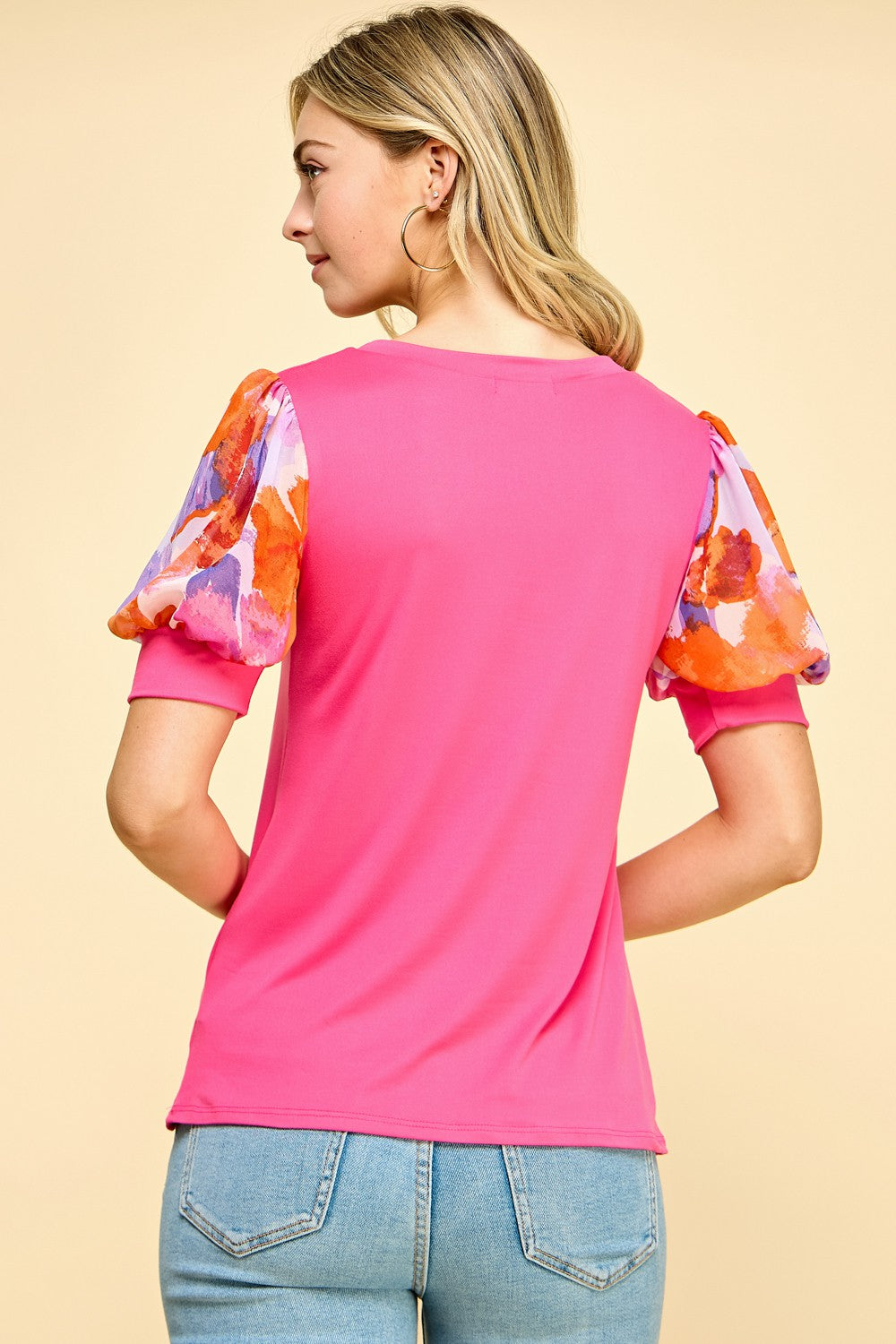 Short Floral Sleeves Fuchsia Top