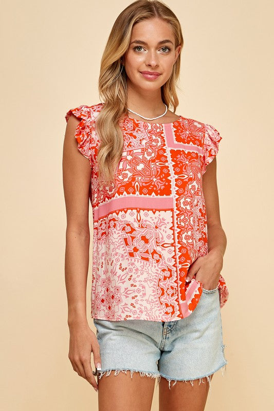 Tribal Print Ruffle Sleeve Coral Top