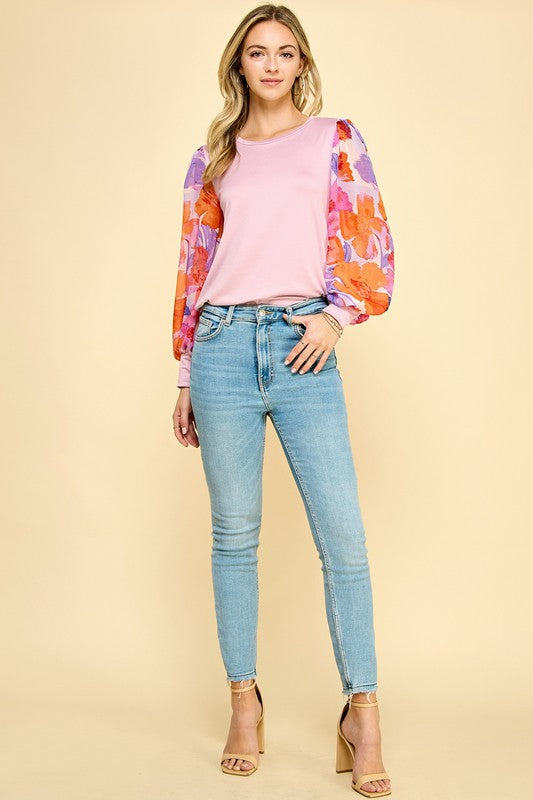 Puffed Floral Print Long Sleeve Top