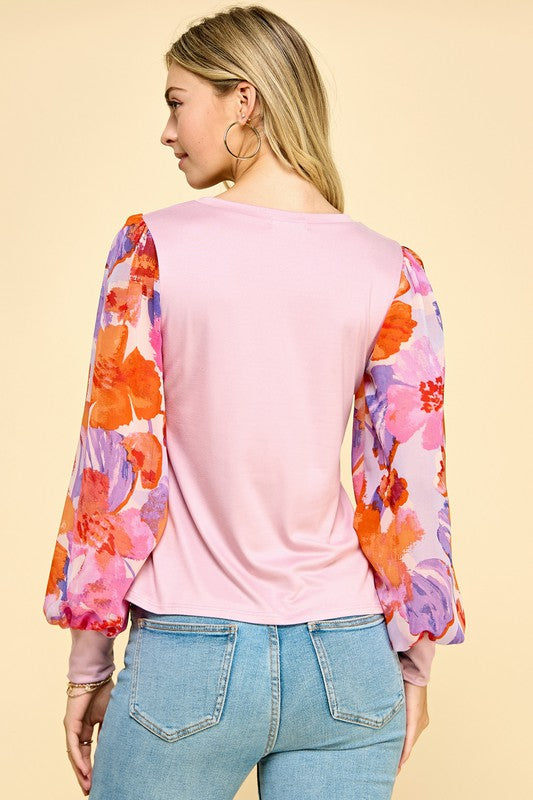 Puffed Floral Print Long Sleeve Top