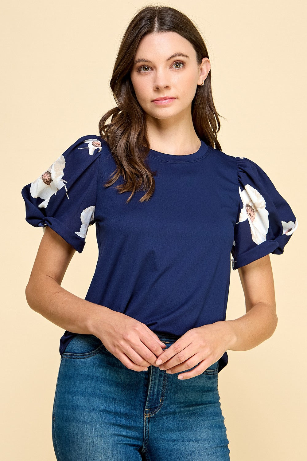 Navy Floral Puff Sleeves