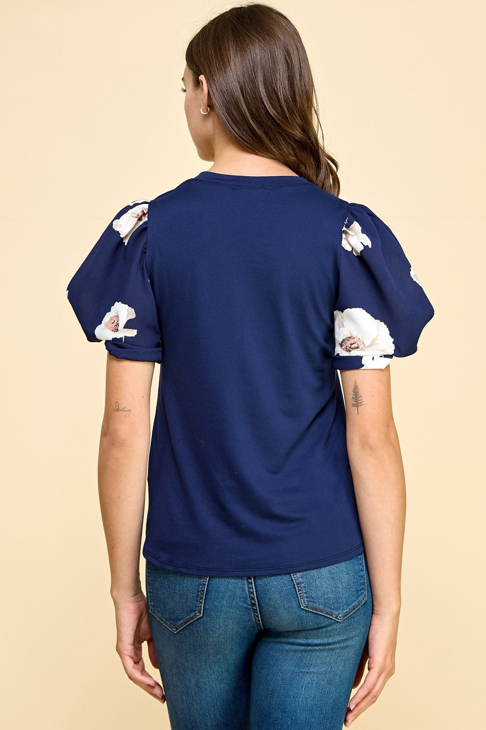Navy Floral Puff Sleeves
