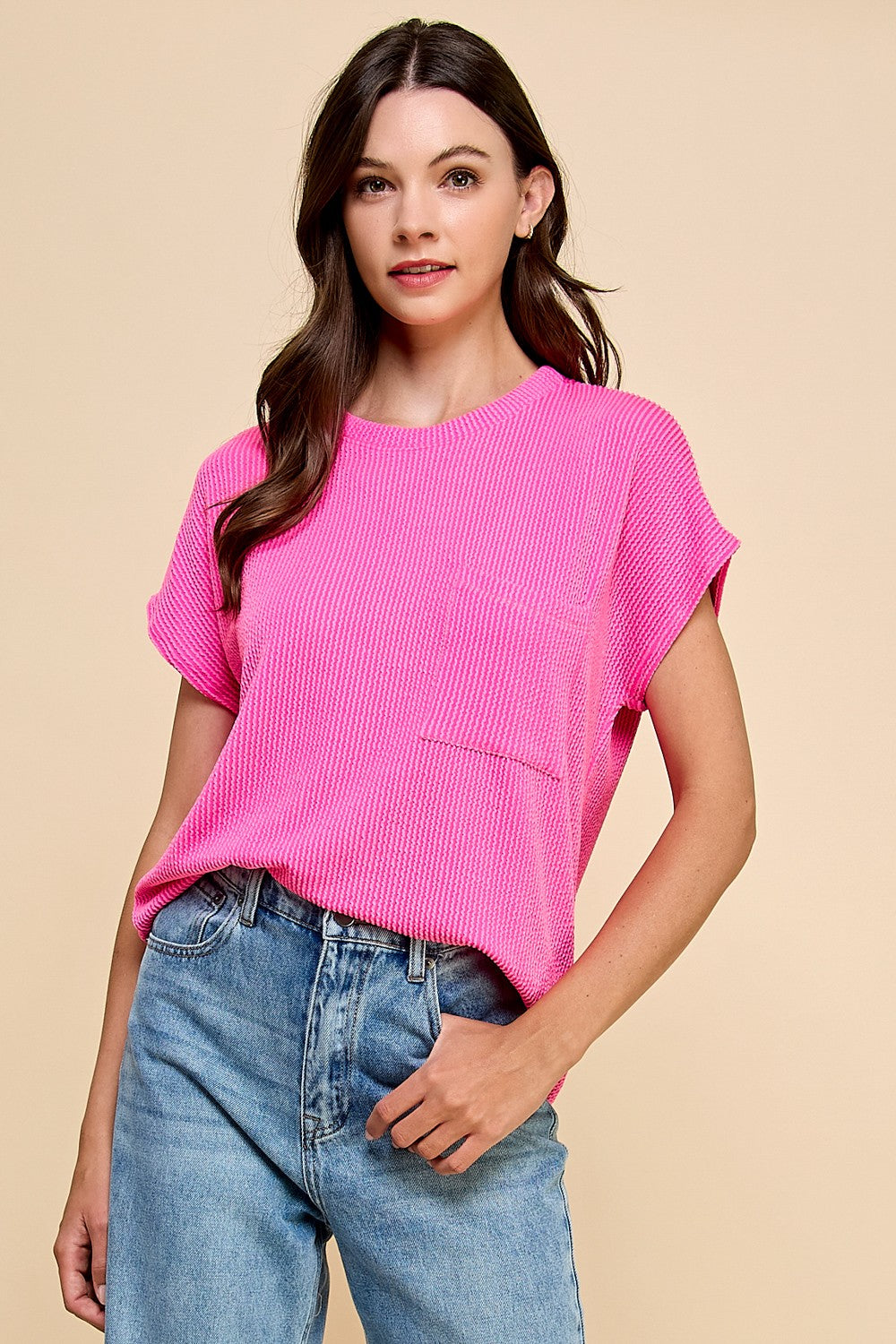 Front Pocket Ribbed Top - Candy Pink