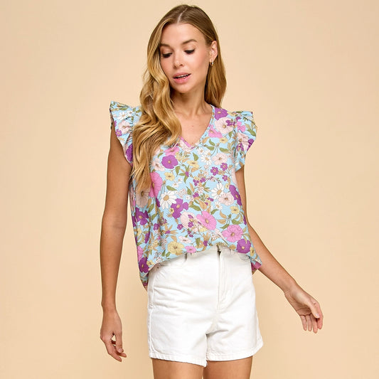 Ruffle Sleeve Floral Top - Light Blue