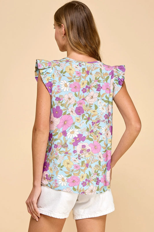 Ruffle Sleeve Floral Top - Light Blue