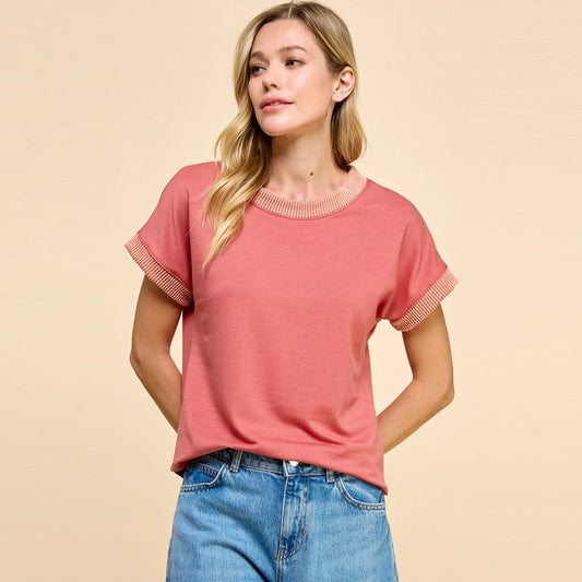 Ribbed Neckline Short Sleeve Top
