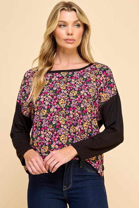 Contrast Sleeve Floral Top - Black