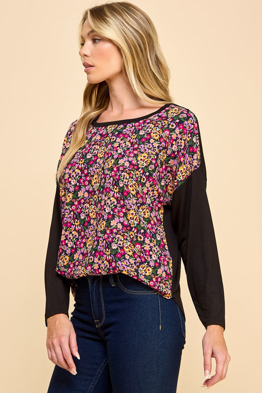 Contrast Sleeve Floral Top - Black