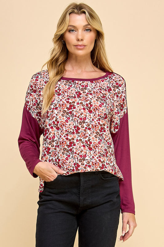 Contrast Sleeve Floral Top - Burgundy