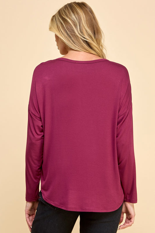 Contrast Sleeve Floral Top - Burgundy