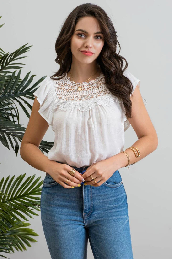 Lace Contrast Short Sleeve Top