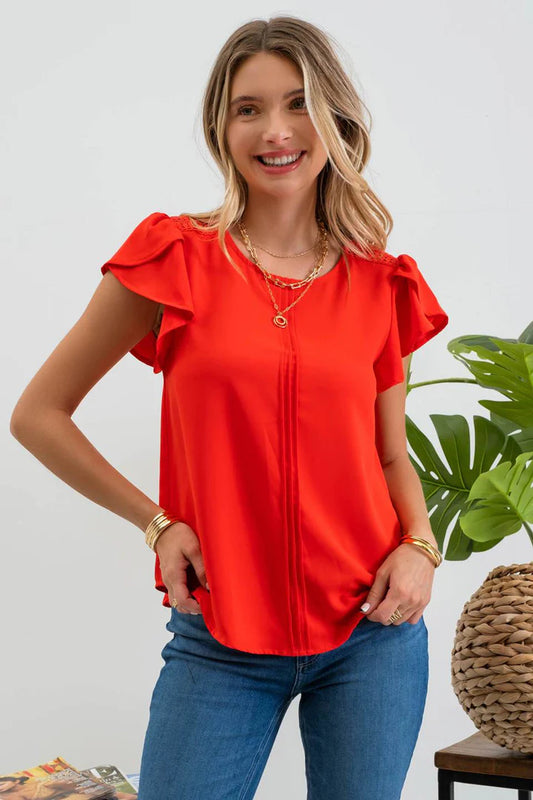 Vertical Pleat Lace Shoulder Top