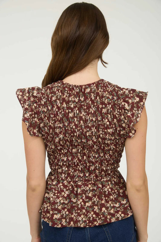 Smocked V-Neck Ruffle Sleeve Top
