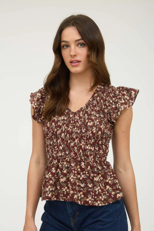 Smocked V-Neck Ruffle Sleeve Top