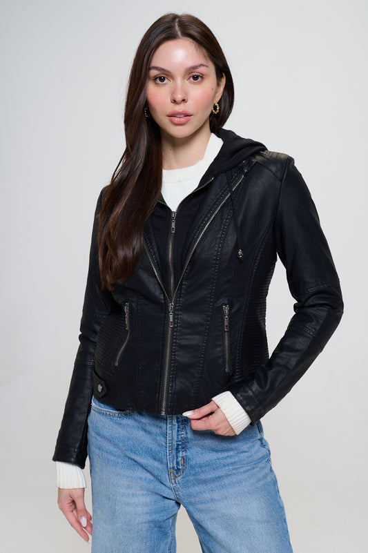 Hooded Vegan Leather Jacket - Black