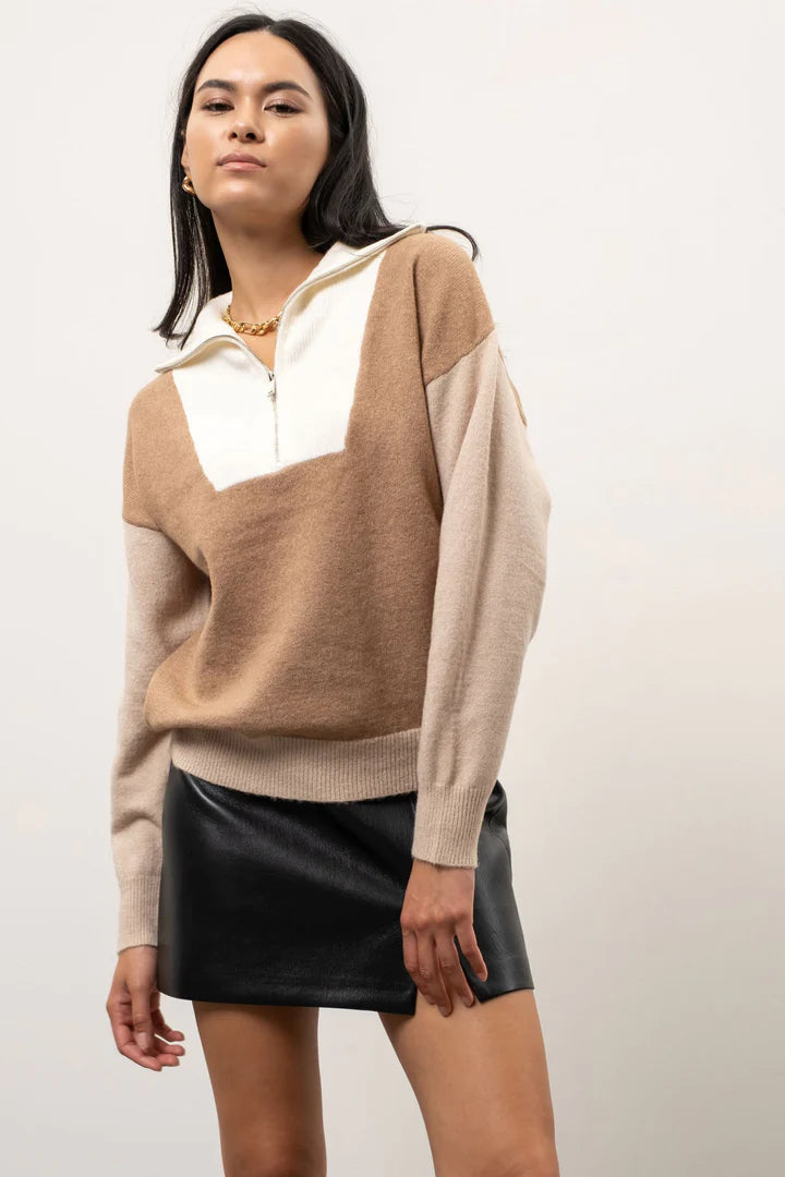 Colorblock Half-Zip Sweater - Camel