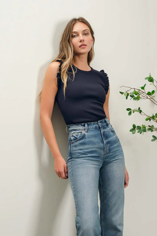 Ruffle Sleeveless Sweater Tank - Navy