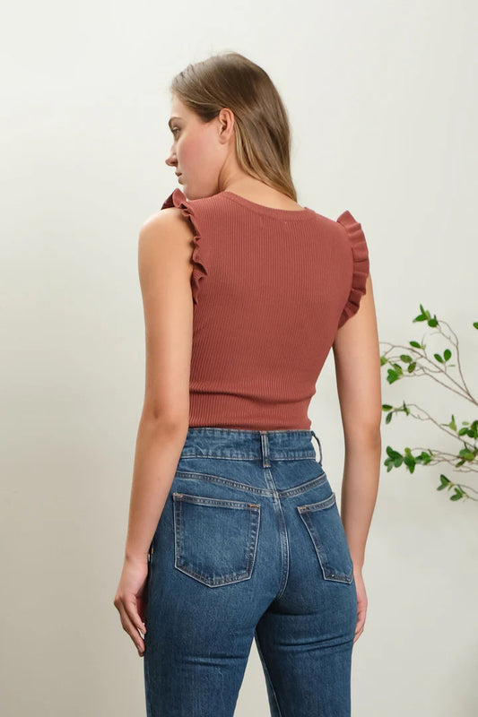 Ruffle Sleeveless Sweater Tank - Terracotta