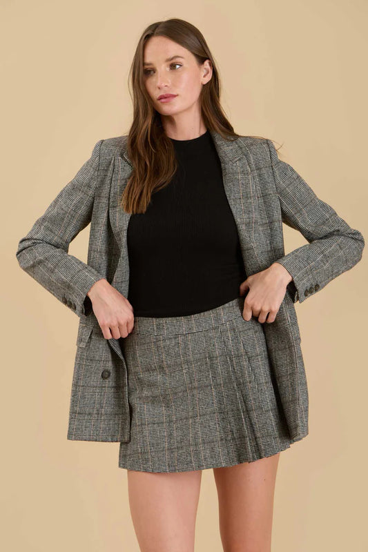 Plaid Front Button Blazer - Charcoal