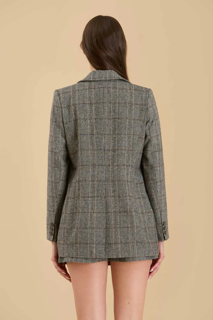 Plaid Front Button Blazer - Charcoal